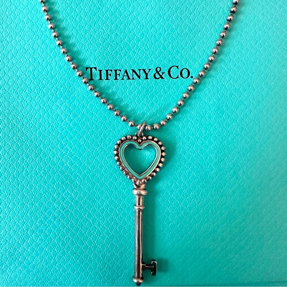 Tiffany & Co. | Sterling Teal Enamel Heart Key Bead Necklace 24"